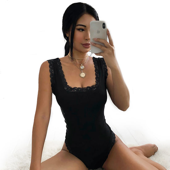Image Title Black Backless Cross Lace Bodysuit